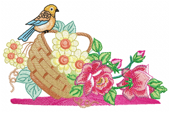 Bird and Flower Basket Embroidery Design
